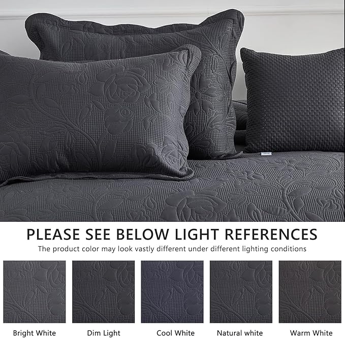 CHIXIN Bedspread Coverlet Quilt Set Full Size - Lightweight Bedding Cover - Ultrasonic Quilting - 5 Piece Reversible Bedspread - Vintage Rose Pattern (Full, Dark Grey)