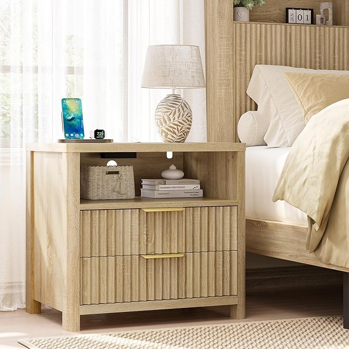 CypBed NightStand Set of 2 with Charging Station, Bedside Tables with 2 Drawers & Storage Shelf, Wood Fluted Nightstand with Rounded Corner Design, Modern End Table for Bedroom, Easy Assembly