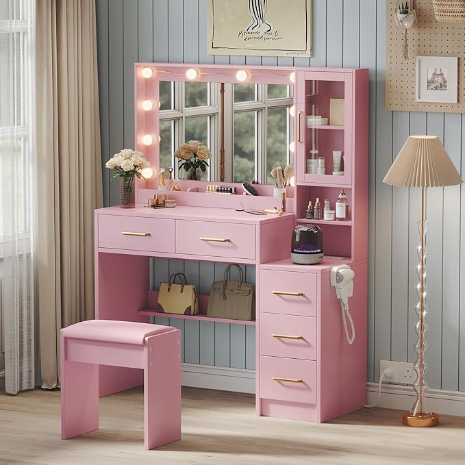 Makeup Vanity with Lights & Charging Station, Pink Vanity Table with 5 Drawers & Open Storage Shelves, Vanity Desk with Mirror & Lights, Dressing Table Set, Bedroom Makeup Table Set Gold Handle