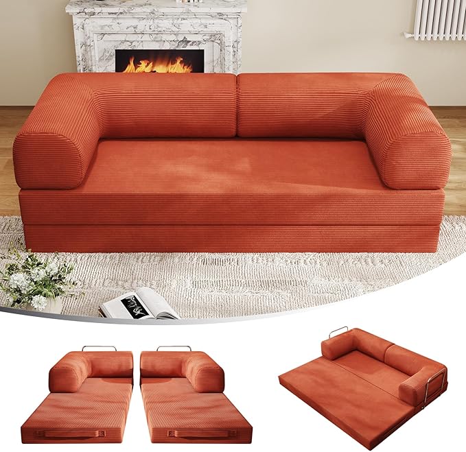 5-in-1 Folding Convertible Sofa Bed, 78 Inch Oversized Corduroy Upholstered Boneless Couch, Loveseat Sleeper with Pull Out Bed, Floor Sofa Modular Futon Couch for Living Room Bedroom Lounge