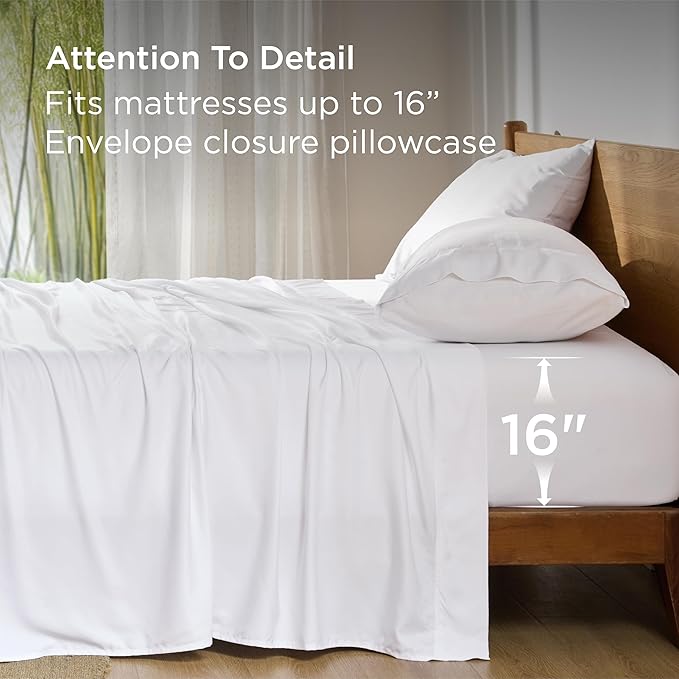 Bedsure King Size Sheet Set, Cooling Sheets, Rayon Derived from Bamboo, Deep Pocket Up to 16", Breathable & Soft, Bed Sheets, Hotel Luxury Silky Bedding for Hot Sleepers, White