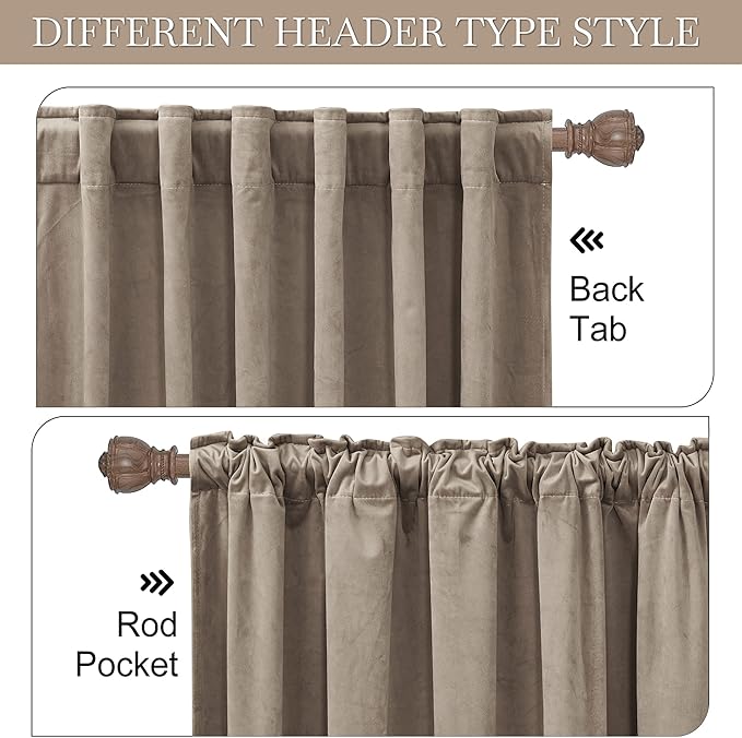 RYB Home Taupe Bedroom Curtains Heavy Velvet 84 inches, Room Darkening Privacy Window Curtains Soft Durable Velvet Backdrops for Sliding Door Living Room, W52 x L84, 2 Panels Set