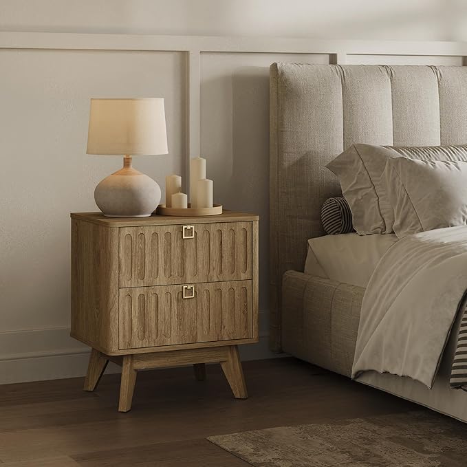 SICOTAS Nightstand Set of 2, Modern Bedside Tables with 2 Drawers, Stable Bedroom Nightstands with Textured Drawer Front and Gold Hardware for Bedroom, Apartment