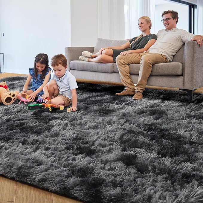 PAGISOFE Abstract Shaggy Area Rug 4' x 6' Plush Furry Rugs for Living Room, Tie-Dyed Dark Grey Soft Fluffy Rugs for Bedroom Grils Boys, Fuzzy Rug for Nursery, Dorm. Shag Carpet for Kids Room Decor