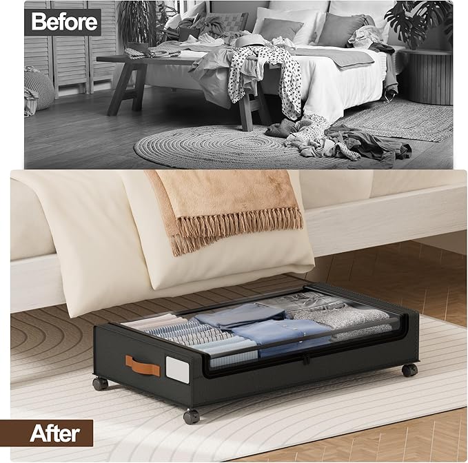 LAMU Under Bed Storage with Wheels, 2 Pack Under Bed Storage Containers with Clear Lid, XXL 60L Underbed Storage Bins, Rolling Under Bed Metal Drawers for Clothes, Blankets, Shoes, Black