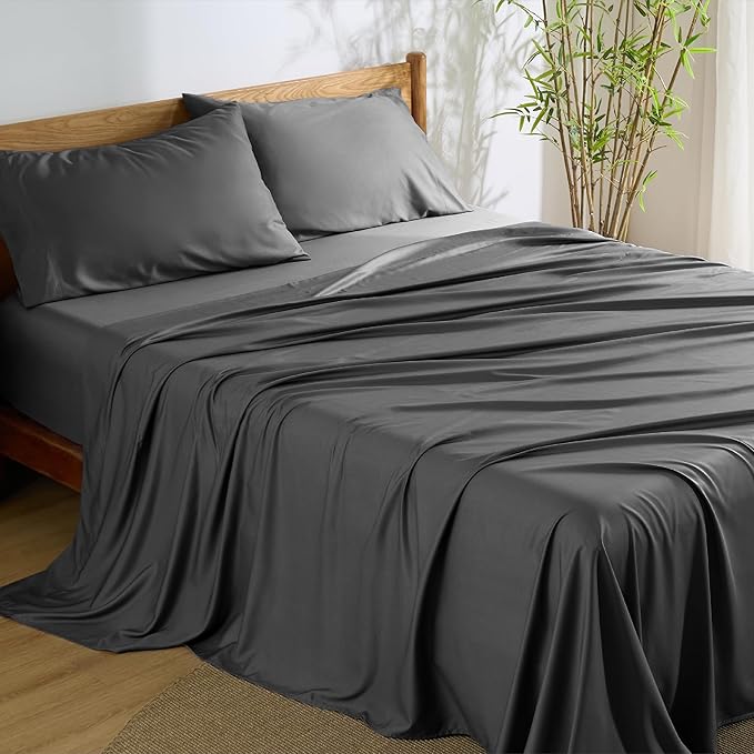 Bedsure Queen Sheet Set, Rayon Derived from Bamboo, Cooling Sheets, Breathable & Soft, Deep Pocket Up to 16 Inches, Hotel Luxury Silky Bedding for Hot Sleepers, Grey