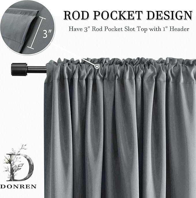 DONREN Medium Grey Blackout Curtains for Bedroom - Room Darkening Thermal Insulated Rod Pocket Curtains for Kids Room(52" x 90" Length,1 Pair)