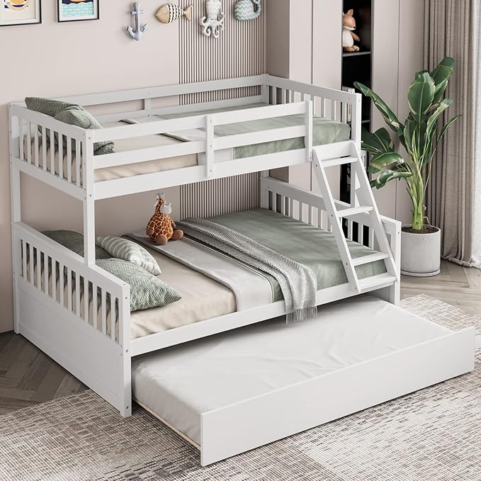 Giantex Twin Over Full Bunk Bed with Trundle, Convertible Platform Bed Frame with Ladder, Solid Wood Frame & Safety High Guardrails, Space-Saving Bunk Bed for Teens & Kids, No Box Spring Needed, White