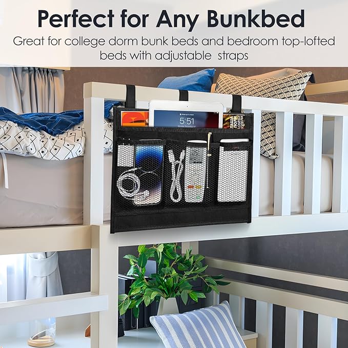 Bedside Caddy Storage Organizer, Hanging Storage Bag Pocket for Bunk/Hospital Beds,College Dorm Organizer for Remotes Phone,College Dorm,Camp,Bed Rails(4 Pockets),Black