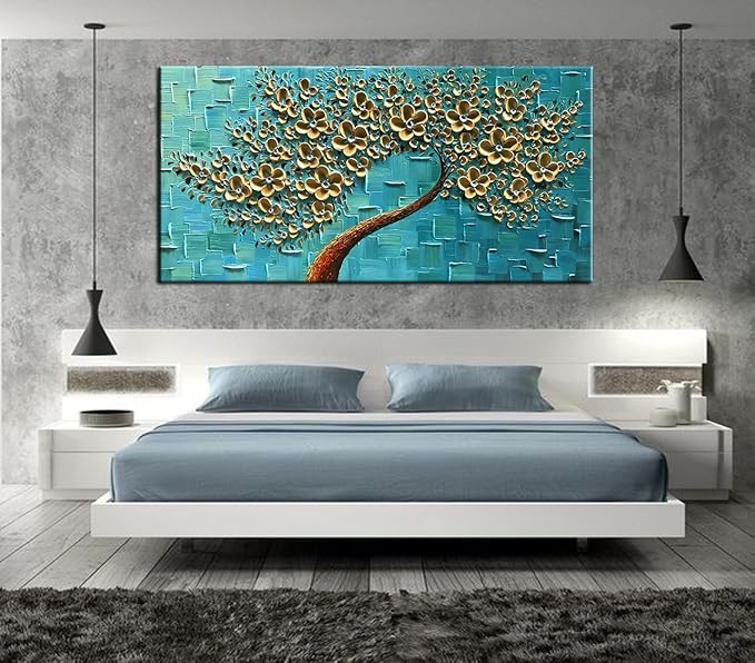 YaSheng Art - Handmade 3D Golden Flowers Artwork Oil Painting On Canvas Texture Palette Knife Flowers Tree Abstract Landscape Paintings Modern Home For Living Room Bedroom Decor Wall Art 20X40 inch