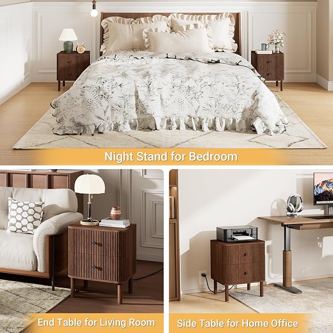 Night Stand Set of 2 with Charging Station, 18" Fluted Nightstand with Rounded Corners & Solid Wood Legs, 2 Drawers End Table, Mid Century Modern Bedside Table for Bedroom, Walnut
