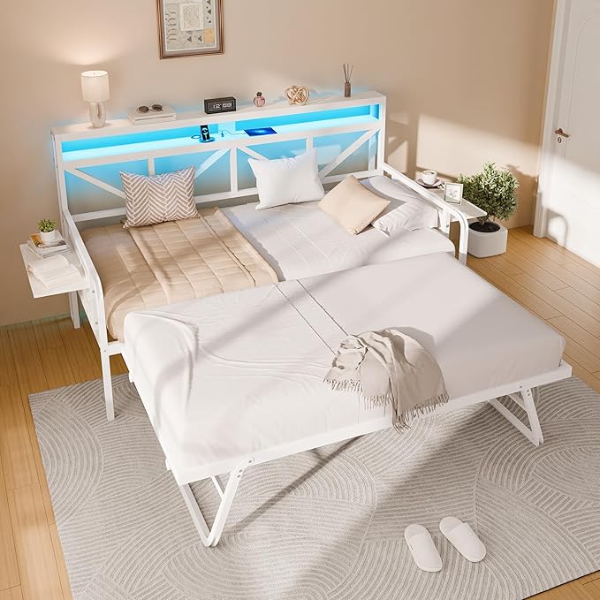 Daybed with Trundle, Heavy Duty Metal Twin Bed Frame with LED Lights & 2-Tier Storage Shelves, Sofa Day Bed with Charging Station & Tabletop for Living Room, Bedroom, Guest Room (White)