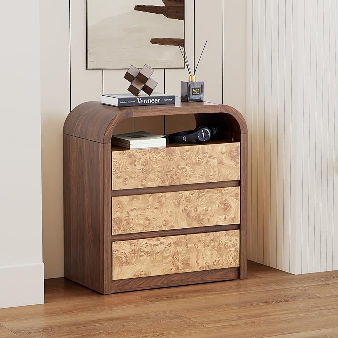 3 Drawer Dresser for Bedroom, Modern Chest of Drawers with Open Shelf, Burl Wood Tall Nightstand End Table for Living Room, Hallway (Walnut)