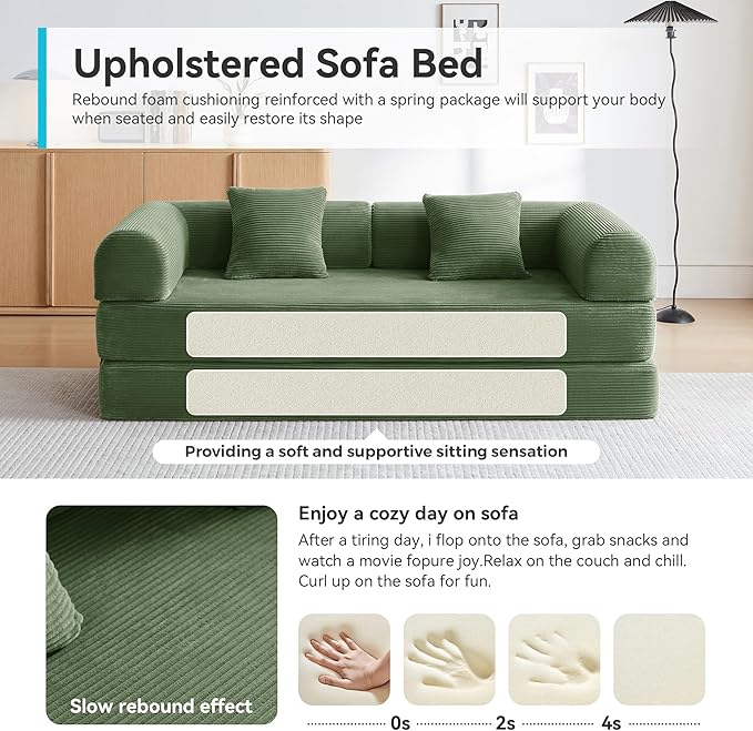 Convertible Floor Sofa Bed with Fixed-Shape Frame, King Size Floor Sleeper 5-in-1 DIY Combination Modular Sofa, Modular Chenille Folding Mattress Couch for Living Room Bedroom Playroom (Green)