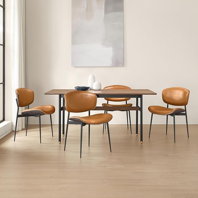 Art Leon Faux Leather Dining Chairs, Set of 2, Mid Century Modern Desk Chair No Wheels, Armless Accent Chair with Black Metal Legs, Brown/Gray Oak