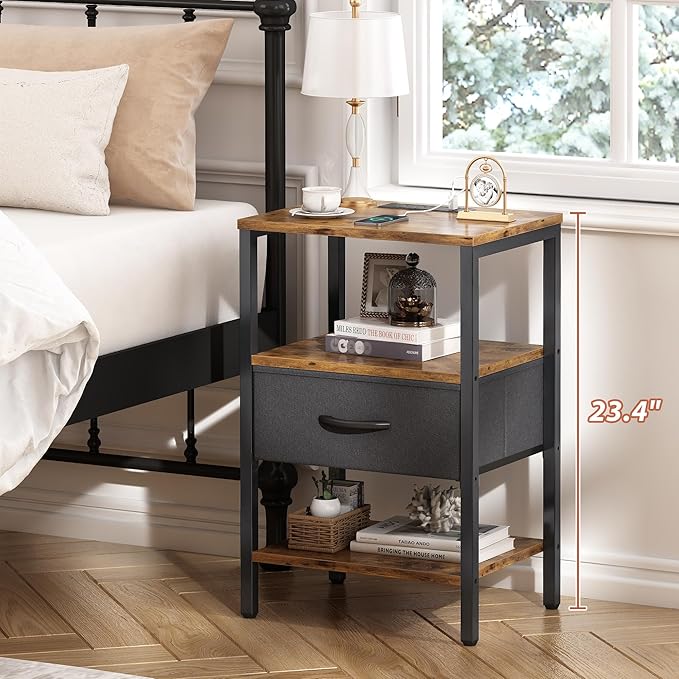 SUPERJARE Nightstand Set of 2, Bed Side Tables with Charging Station, Adjustable Fabric Drawer, Night Stand for Bedroom, 3-Tier Storage End Tables, for Living Room, Rustic Brown and Black