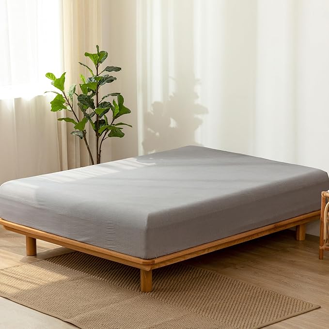 MooMee Fitted Bottom Sheet Only 100% Washed Cotton Linen Like Textured Breathable Durable Soft Comfy Deep Pocket Fits Mattress up to 17" (Ice Grey, King)