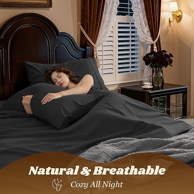 LBRO2M 1000 Thread Count 100% Cotton Sheets Set,King Size Bed Sheet 4 Piece Sets,Long Staple,16 Inches Deep Pocket,All Season,Bedding Super Soft Comforterble Breathable,Sateen Weave(Black)