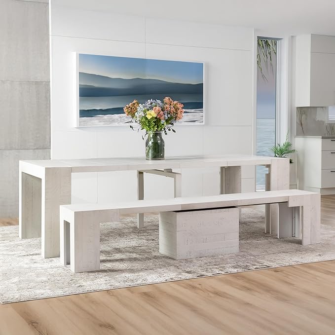 Transformer Table - Solid Wood Extendable Dining Table, Seats 2-12, Extendable Dining Room Table, Space-Saving Furniture, Expandable Dining Furniture (White, Table + Bench)