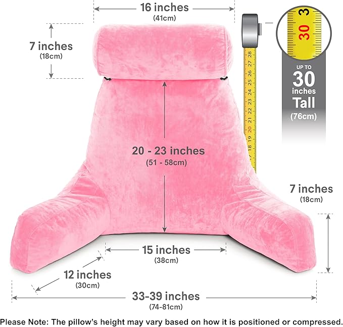 Husband Pillow XXL – Reading Pillow Bed Chair with Arms & Back Support – Pink - Back Pillow for Beds Sitting Up – Bed Rest Arm Pillow – Comfy Reading Pillow for Adults