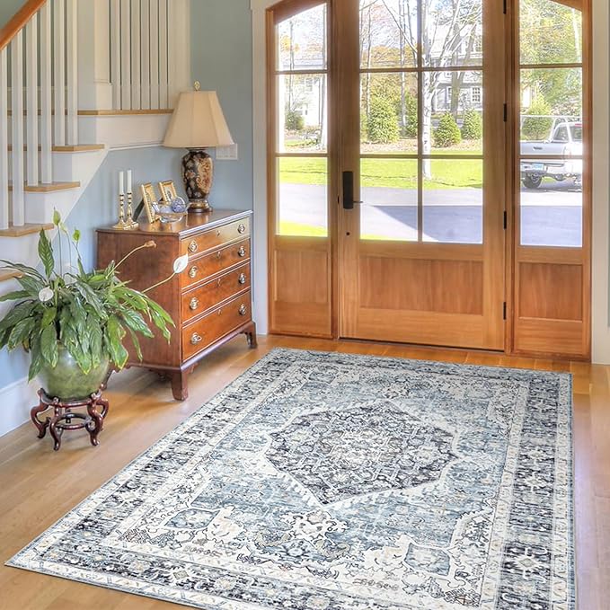 Runner Rug 2×6, Vintage Boho Rug,Ultra-Soft Low Pile, Washable, Non Slip,Stain Resistant Printed Carpet for Hallway Kitchen Living Room Bedrooms Playroom Office, Light Blue