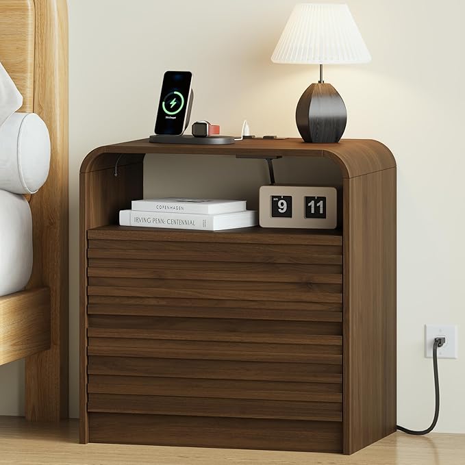 24” Wide Modern Fluted Nightstand with Charging Station, Wood Bedside Table with 2 Storage Drawers, Mid Century End Table Nigthstand with Curved Profile for Bedroom, Living Room, Walnut