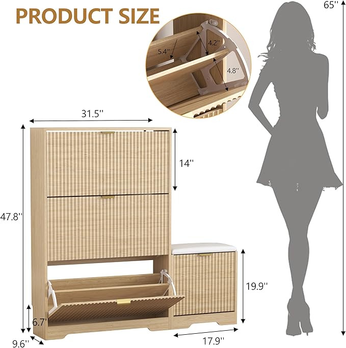 Shoe Cabinet Storage for Entryway with 4 Flip Drawers, Oak Fluted Shoe Cabinet with Bench, Wooden Hidden Shoe Rack Freestanding Narrow Slim Shoes Storage Organizer for Hallway, Entrance