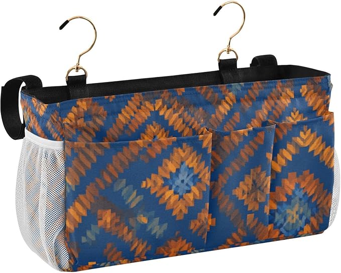 Bedside Caddy Hanging Bunk Bed Caddy Bed Organizer Hanging Pocket with 2 Hooks Bedside Storage Organizer Pocket Bag Holder Blue Orange Diamond Tie-dye