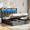 Lift Up Queen Bed Frame with Storage, Upholstered Bed Frame Queen Size with LED Lights Headboard and Charging Station, No Box Spring Needed, Easy Assembly - Dark Grey