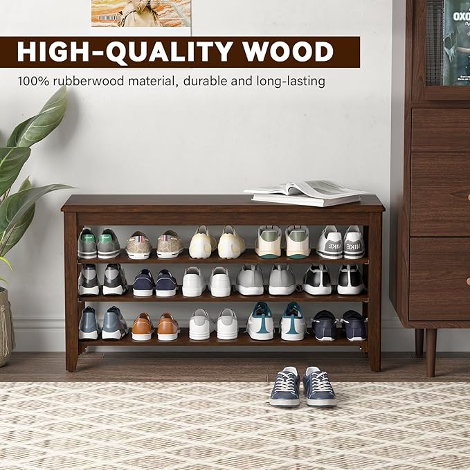 Shoe Rack Bench with Rubberwood Flat Top and 3 Adjustable Shelves – Wooden Shoe Rack for Entryway, Hallway, Mudroom, Front Door, or Small Spaces