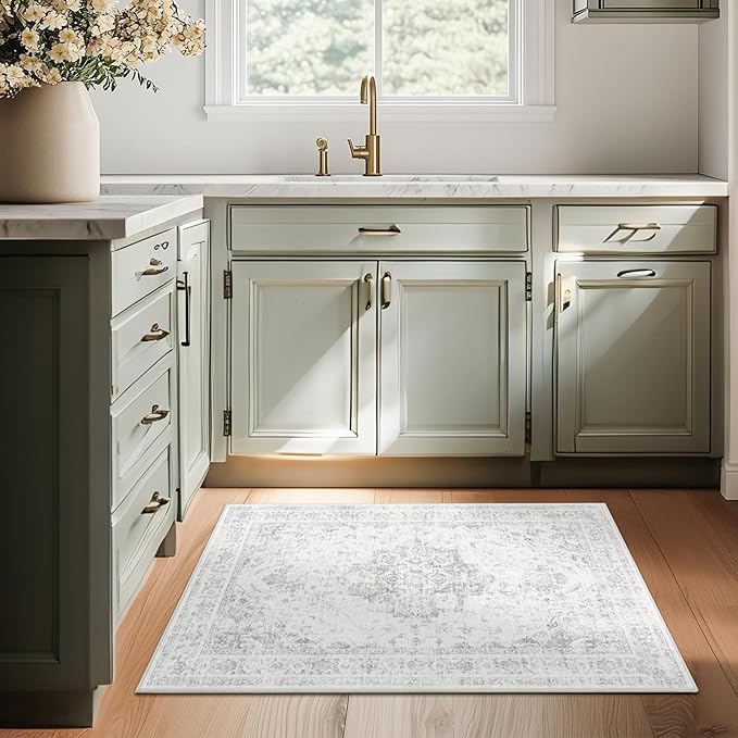 2x3 Vintage Washable Area Rugs for Entryway Soft Non-Slip Bath Mat Boho Medallion Distressed Retro Accent Carpet Floral Low Pile Indoor Throw Rug for Kitchen Laundry Living Room Bedroom, Gray