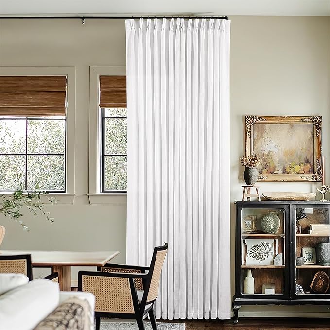 Custom Pinch Pleated 105 Inch Curtains 2 Panels Set for Windows White Linen Blend Curtains Pinch Pleat Back Tab Privacy Light Filtering Boho Drape with Hooks and Rings for Living Room Bedroom