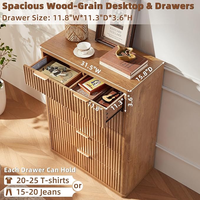 LEYAOYAO 42" Tall Fluted Dresser and 3 Drawers 23" Nightstand Set of 2, Wooden Dresser & Night Stand with Charging Station, 3 Piece Bedroom Furniture Set, Wood Chest of Drawer for Living Room,Brown