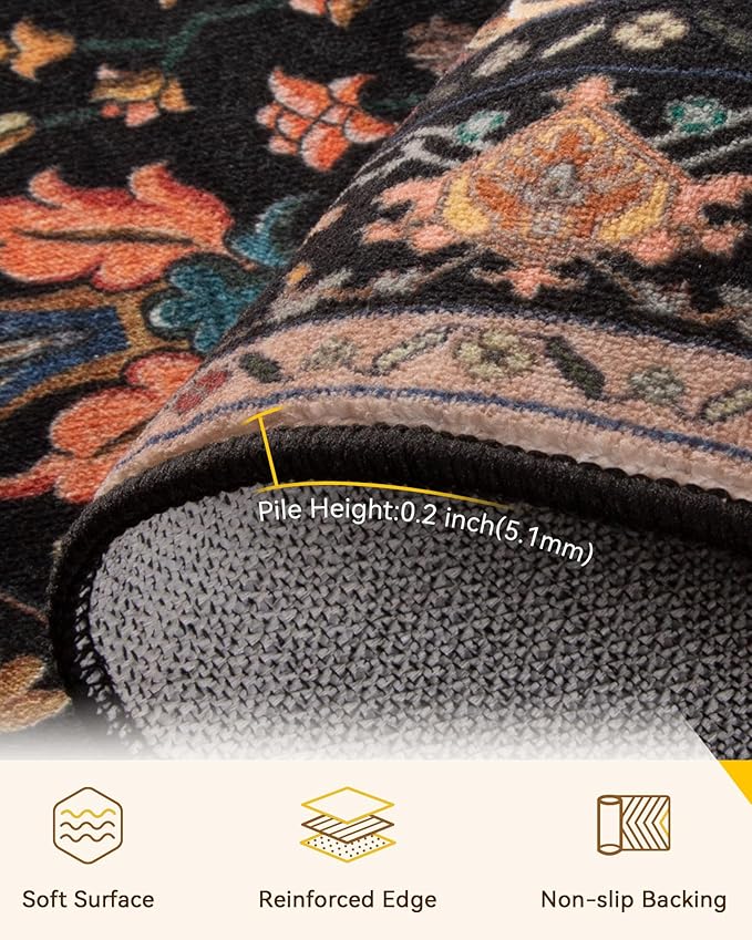 Area Rugs 2'x9' Washable Non-Slip, Floral Vintage Distress Print Pattern Medallion Carpet for Living Room Bedroom Dining Room, Black Colorful Floral Dark Tan