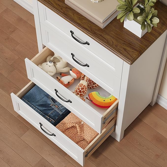 Gizoon Dresser for Bedroom with 4 Drawers Wooden Chest of Drawers for Closet Dresser Storage Unit Organizer for Hallway Living Room and Office, White and Rustic