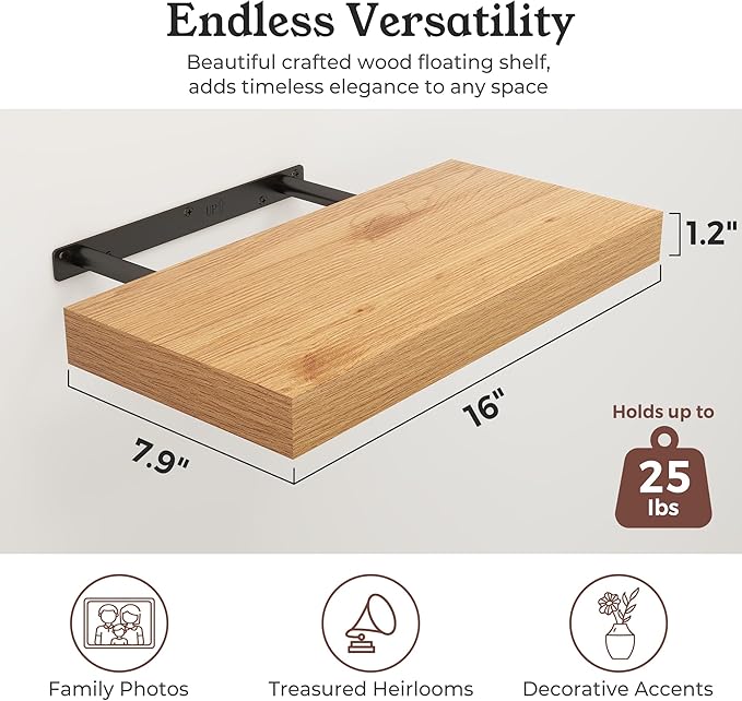 Floating Shelves for Wall, 7.9" Deep Wall Mounted Wood Shelves for Bathroom, Bedroom, Living Room, Kitchen, Hanging Shelf for Books/Storage/Room Decor (Oak, 16")