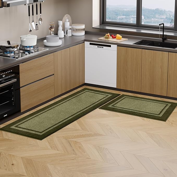 Kitchen Rugs 24" x 70", Non-Slip Machine Washable Kitchen Runner Rugs Floor Mats, Absorbent Comfort Standing Mats for Kitchen, Sink, Laundry and Hallway, Rolled Packaging, Budding Green & Sage Green