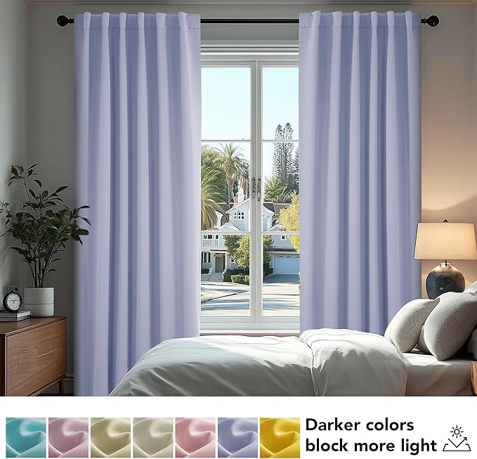 Deconovo Solid Back Tab and Rod Pocket Curtains Thermal Insulated Blackout Window Curtains for Kitchen 52Wx54L Inch Light Purple 2 Panels