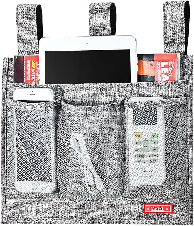 Zafit Linen Bedside Caddy, Bedside Storage Organizer for Hospital Beds, College Dorm Rooms or Baby Bed (Classic 4 Pockets Grey)