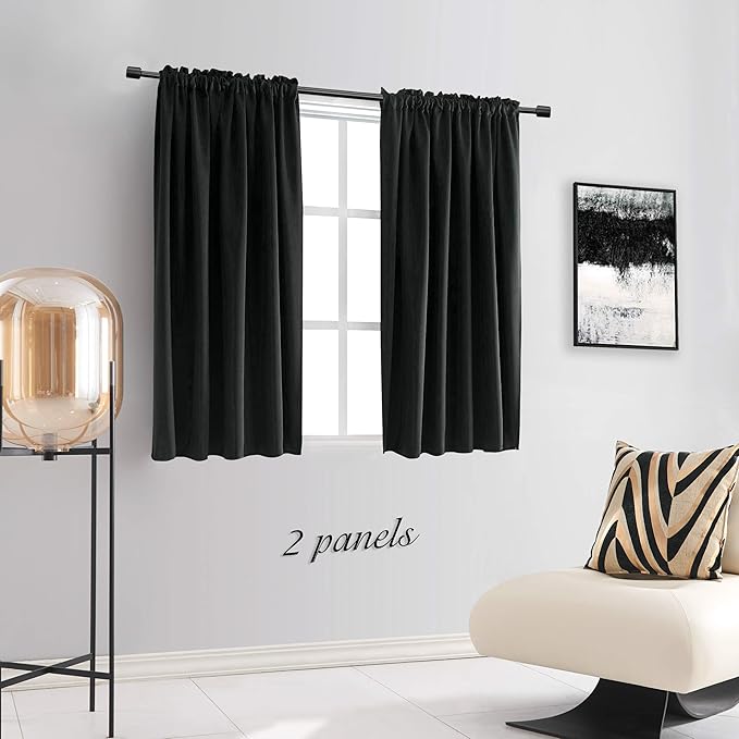 DONREN 99% Blackout Curtains for Bedroom - Thermal Insulating Blackout Rod Pocket Drapes for Small Windows (42 x 54 Inches,Set of 2 Panels,Black)