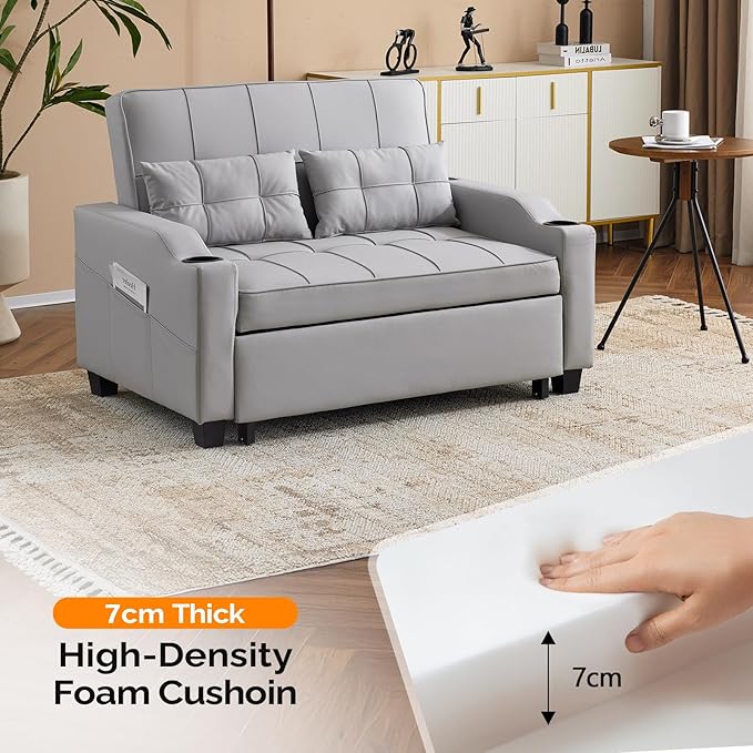 VINGLI Light Grey Futon Sofa Bed Convertible Loveseat Sleeper Couch, Faux Leather Pullout Sofa Fold Out Couch Bed with USB Ports, Cup Holders, Armrest for Living Room, Bedroom Apartment Room