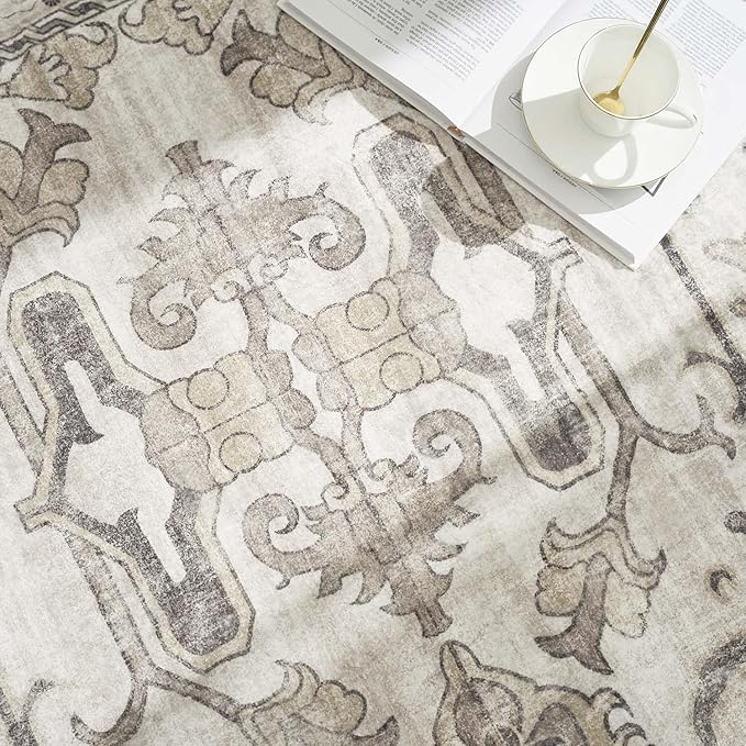 jinchan Round Rug 7ft Area Rug Vintage Floor Mat Kitchen Indoor Ultra-Thin Soft Floral Print Washable Circle 7' Accent for Farmhouse Non Slip Dining Room Living Room Bedroom Office Taupe