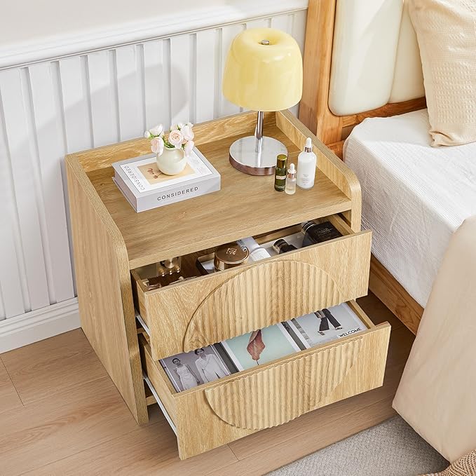 Turtle&Myrtle 24 Inch Wide Fluted Nightstands, Large Night Stand with 2 Drawers, Mid Century Modern Bedside Table End Table with Storage for Bedroom Living Room Office (Natural)