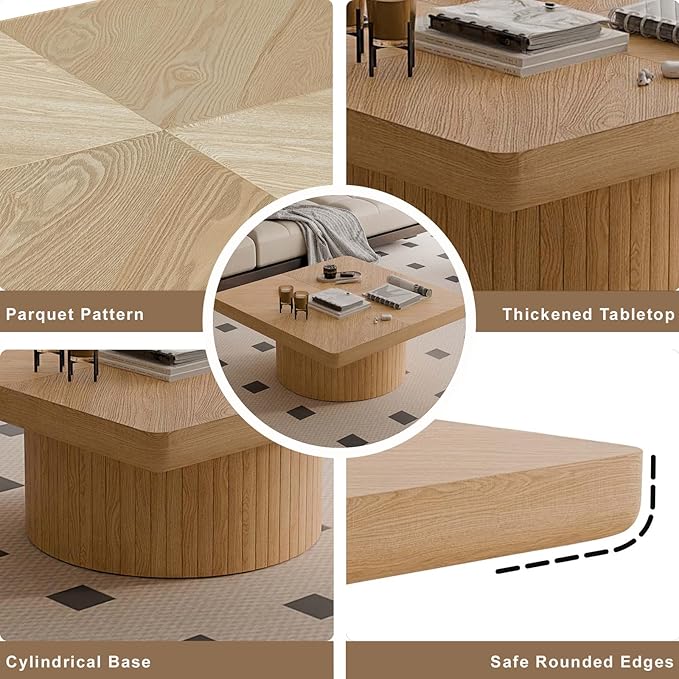 Modern Square Coffee Table with Cylindrical Base, Wood Coffee Table with Parquet Pattern & Thickened Tabletop, Center Table Tea Table for Living Room Apartment, 34.6''L×34.6''W×14.9''H, Natural