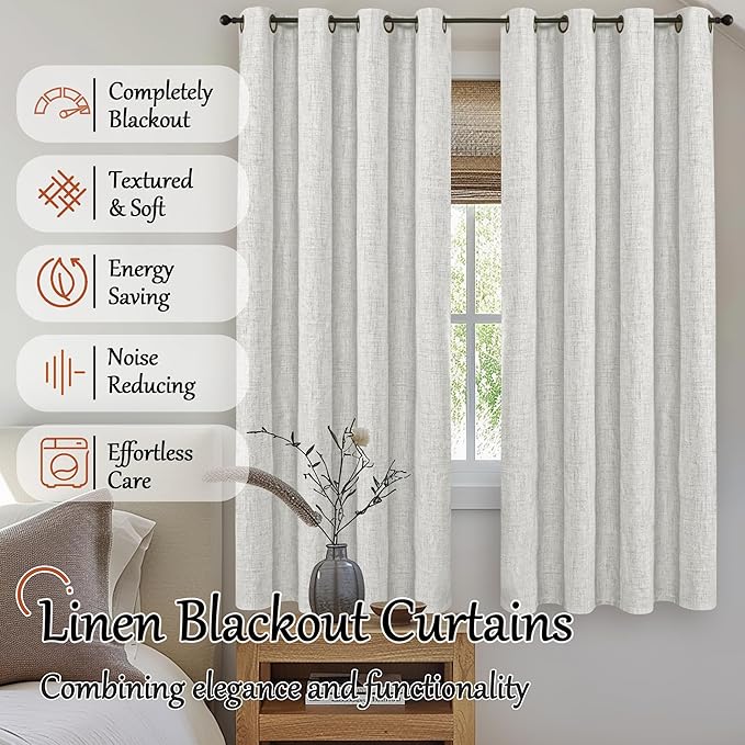 100% Blackout Curtains for Living Room 72 Inch Length 2 Panels Set, Thermal Insulated Light Blocking Boho Faux Linen Window Curtains for Bedroom, Bronze Grommet, Each 52" Wide, Light Grey