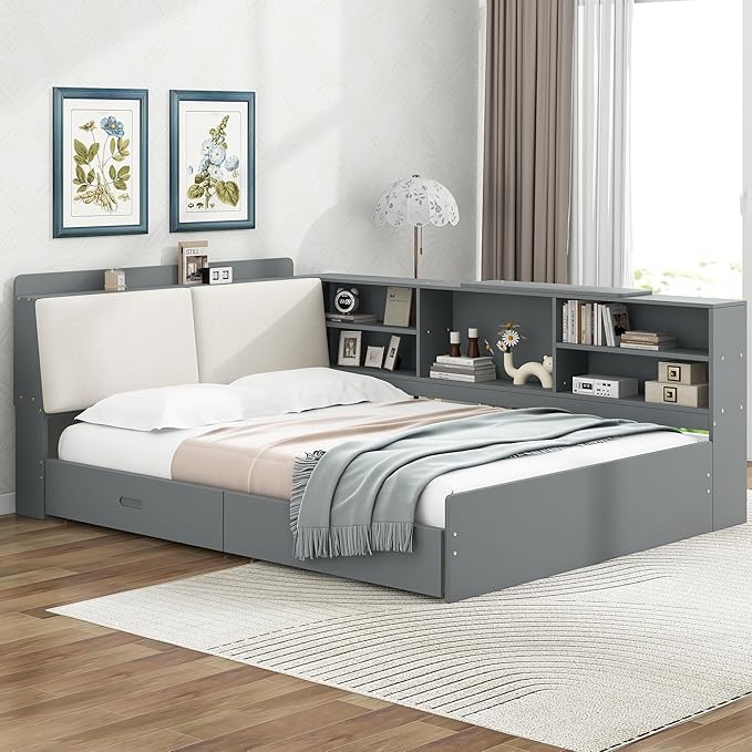 Ball & Cast Full Size Wooden Storage Daybed Frame, Modern Platform Bed with Drawers & Flip Headboard & Shelves, L Shaped Full Floor-Bed w/Upholstered Headboard&Storage, No Box Spring Needed, Gray