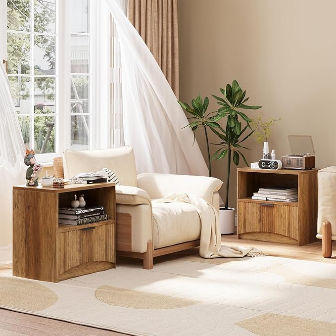 Fluted Nightstand Set of 2, MCM Mid Century Modern Bedside Tables with Drawer and Open Shelf, Minimalist Wood Bedside Table Fluted End Tables for Bedroom, Walnut
