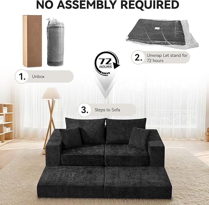 Boneless Modular Sectional Loveseat Couch with Ottoman, Convertible Floor Sleeper Sofa Bed, Comfy Foldable Compression Love Seat Sofa for Living Room, No Assembly, Black