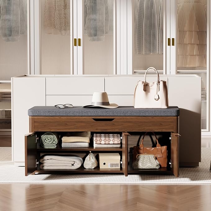 Shoe Bench with Storage - Lift Top Entryway Bench with Hidden Storage, Shoe Rack with Adjustable Shelves and Cushioned Seat, Wooden End of Bed Bench for Bedroom, Living Room and Hallway,Walnut