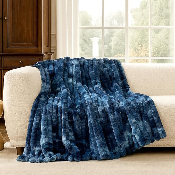 Cozy Bliss Faux Fur Throw Blanket for Couch, Cozy Warm Plush Striped Blanket for Sofa Bedroom Living Room, 50 * 60 Inches Tie-dye Blue